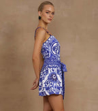 Women's Majolica Print One-Piece Swimsuit & Skirt or Shorts Set Sling Neck Beach Vacation Resort Pool Party Cruise Summer – Blue & White - Lolly 