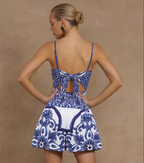 Women's Majolica Print One-Piece Swimsuit & Skirt or Shorts Set Sling Neck Beach Vacation Resort Pool Party Cruise Summer – Blue & White - Lolly 