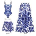Women's Majolica Print One-Piece Swimsuit & Skirt or Shorts Set Sling Neck Beach Vacation Resort Pool Party Cruise Summer – Blue & White - Lolly 