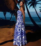 Women's Majolica Print One-Piece Swimsuit & Skirt or Shorts Set Sling Neck Beach Vacation Resort Pool Party Cruise Summer – Blue & White - Lolly 