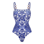 Women's Majolica Print One-Piece Swimsuit & Skirt or Shorts Set Sling Neck Beach Vacation Resort Pool Party Cruise Summer – Blue & White - Lolly 