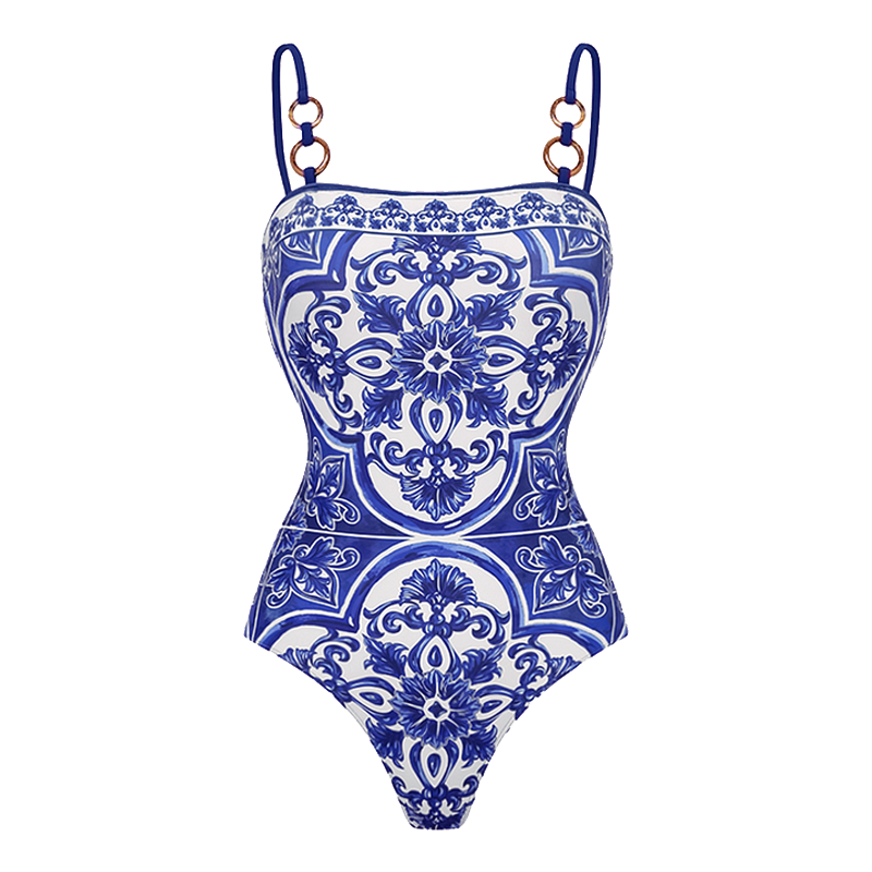 Women's Majolica Print One-Piece Swimsuit & Skirt or Shorts Set Sling Neck Beach Vacation Resort Pool Party Cruise Summer – Blue & White - Lolly 