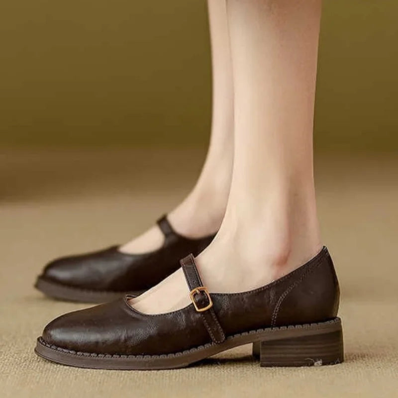 Women's Mary Jane Flats Single Strap Round Toe Leather Casual Work Office Walking Shoes - Lolly 