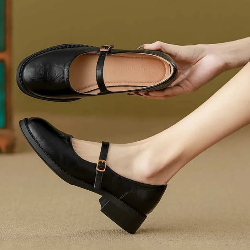 Women's Mary Jane Flats Single Strap Round Toe Leather Casual Work Office Walking Shoes - Lolly 