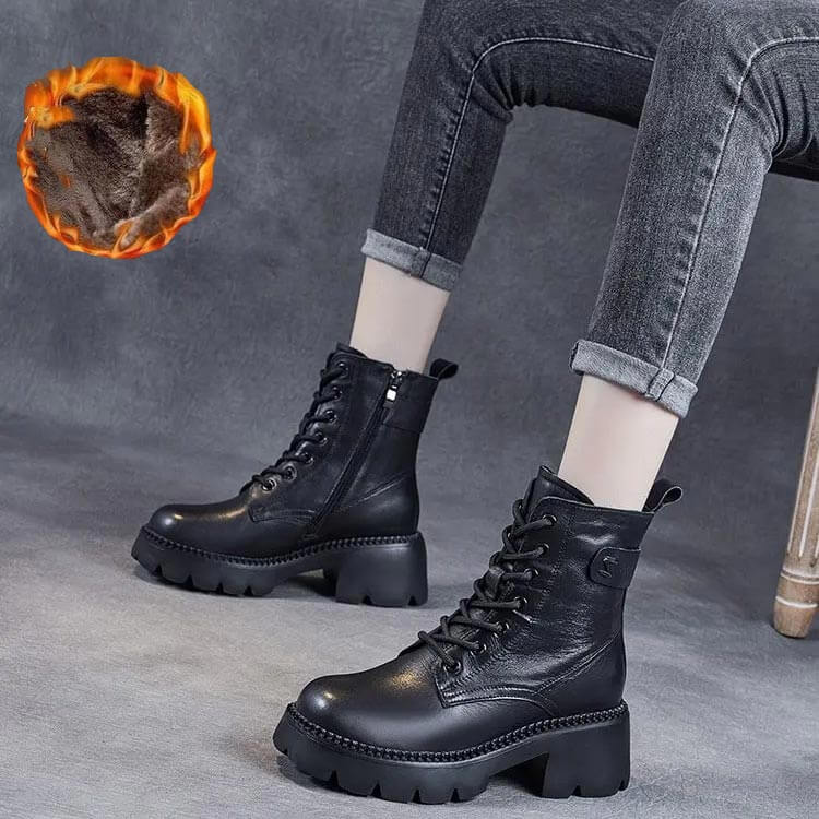 Women's Mid-Calf Boots Platform Chunky Sole Casual Leather Ankle Boots Side Zip - Lolly 