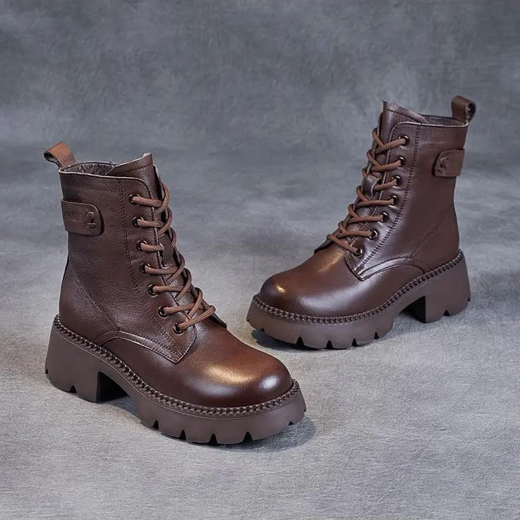 Women's Mid-Calf Boots Platform Chunky Sole Casual Leather Ankle Boots Side Zip - Lolly 