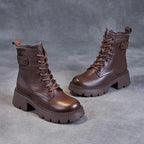 Women's Mid-Calf Boots Platform Chunky Sole Casual Leather Ankle Boots Side Zip - Lolly 