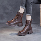 Women's Mid-Calf Boots Platform Chunky Sole Casual Leather Ankle Boots Side Zip - Lolly 