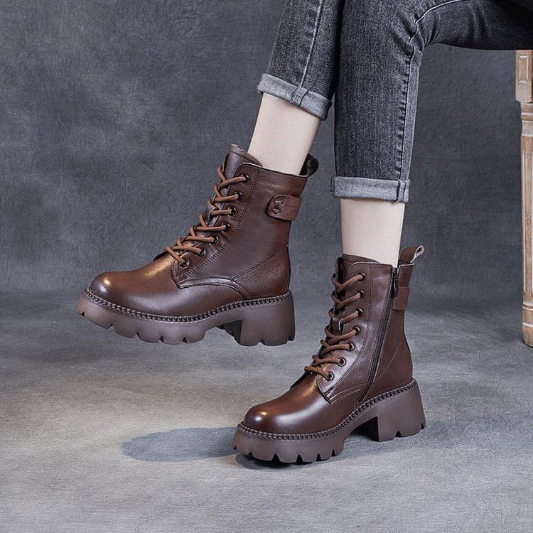 Women's Mid-Calf Boots Platform Chunky Sole Casual Leather Ankle Boots Side Zip - Lolly 