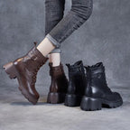 Women's Mid-Calf Boots Platform Chunky Sole Casual Leather Ankle Boots Side Zip - Lolly 