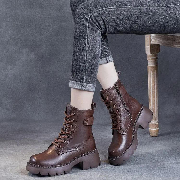 Women's Mid-Calf Boots Platform Chunky Sole Casual Leather Ankle Boots Side Zip - Lolly 