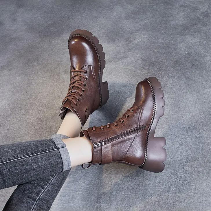 Women's Mid-Calf Boots Platform Chunky Sole Casual Leather Ankle Boots Side Zip - Lolly 