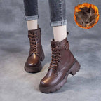 Women's Mid-Calf Boots Platform Chunky Sole Casual Leather Ankle Boots Side Zip - Lolly 