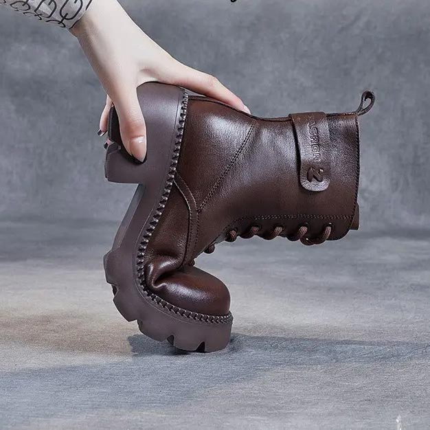 Women's Mid-Calf Boots Platform Chunky Sole Casual Leather Ankle Boots Side Zip - Lolly 