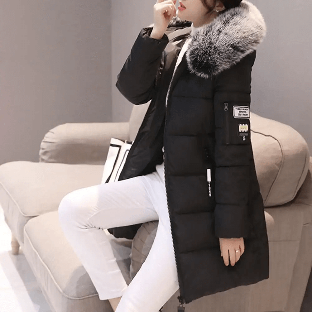 Women's Mid-Length Puffer Coat Hooded Windproof Winter Jacket Faux Fur Trim - Lolly 
