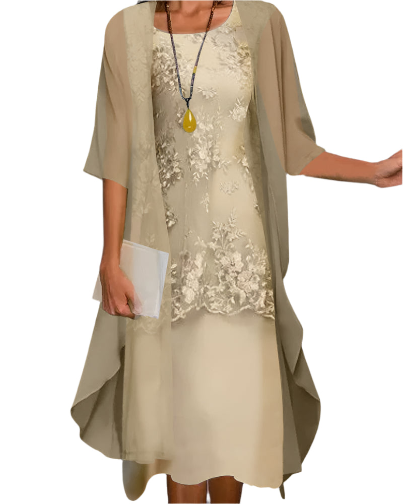 Women's Midi Wedding Guest Dress Sheer Fluid Sleeves Layered Silhouette Elegant Formal - Lolly 
