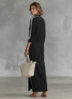Women's Minimalist Casual Summer Long Dress Button-Down Collar White Trim Chic – Black - Lolly 