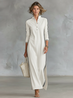 Women's Minimalist Casual Summer Long Dress Button-Down Collar White Trim Chic – Black - Lolly 