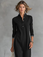 Women's Minimalist Casual Summer Long Dress Button-Down Collar White Trim Chic – Black - Lolly 