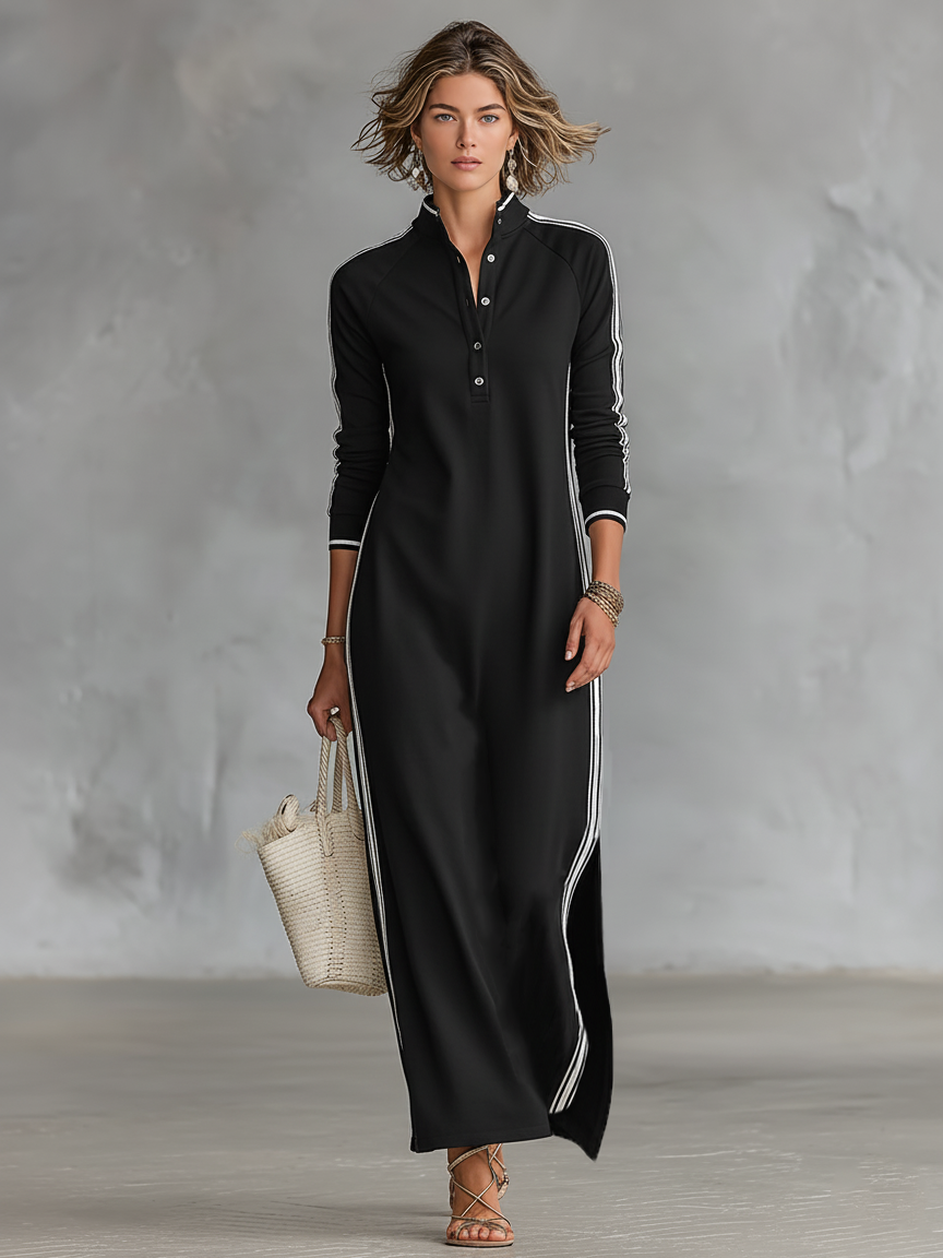 Women's Minimalist Casual Summer Long Dress Button-Down Collar White Trim Chic – Black - Lolly 