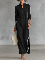 Women's Minimalist Casual Summer Long Dress Button-Down Collar White Trim Chic – Black - Lolly 