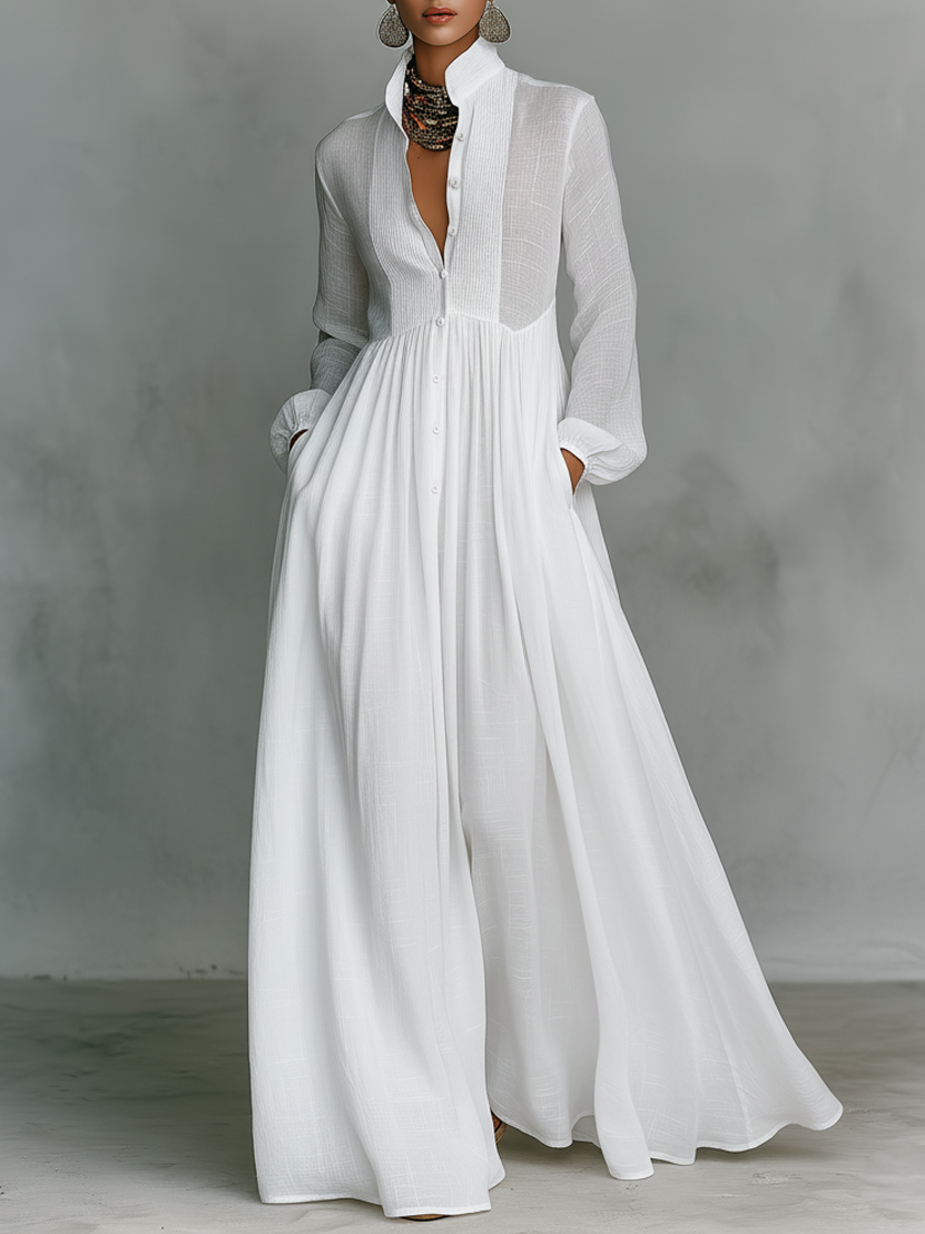 Women's Minimalist Cotton Linen Casual Formal Long Dress Stand-Up Collar Single-Breasted Elegant – White - Lolly 