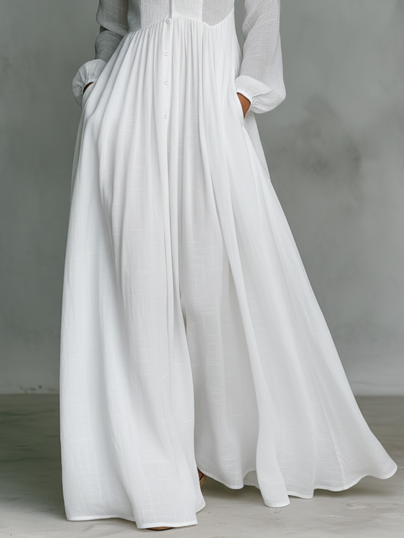 Women's Minimalist Cotton Linen Casual Formal Long Dress Stand-Up Collar Single-Breasted Elegant – White - Lolly 