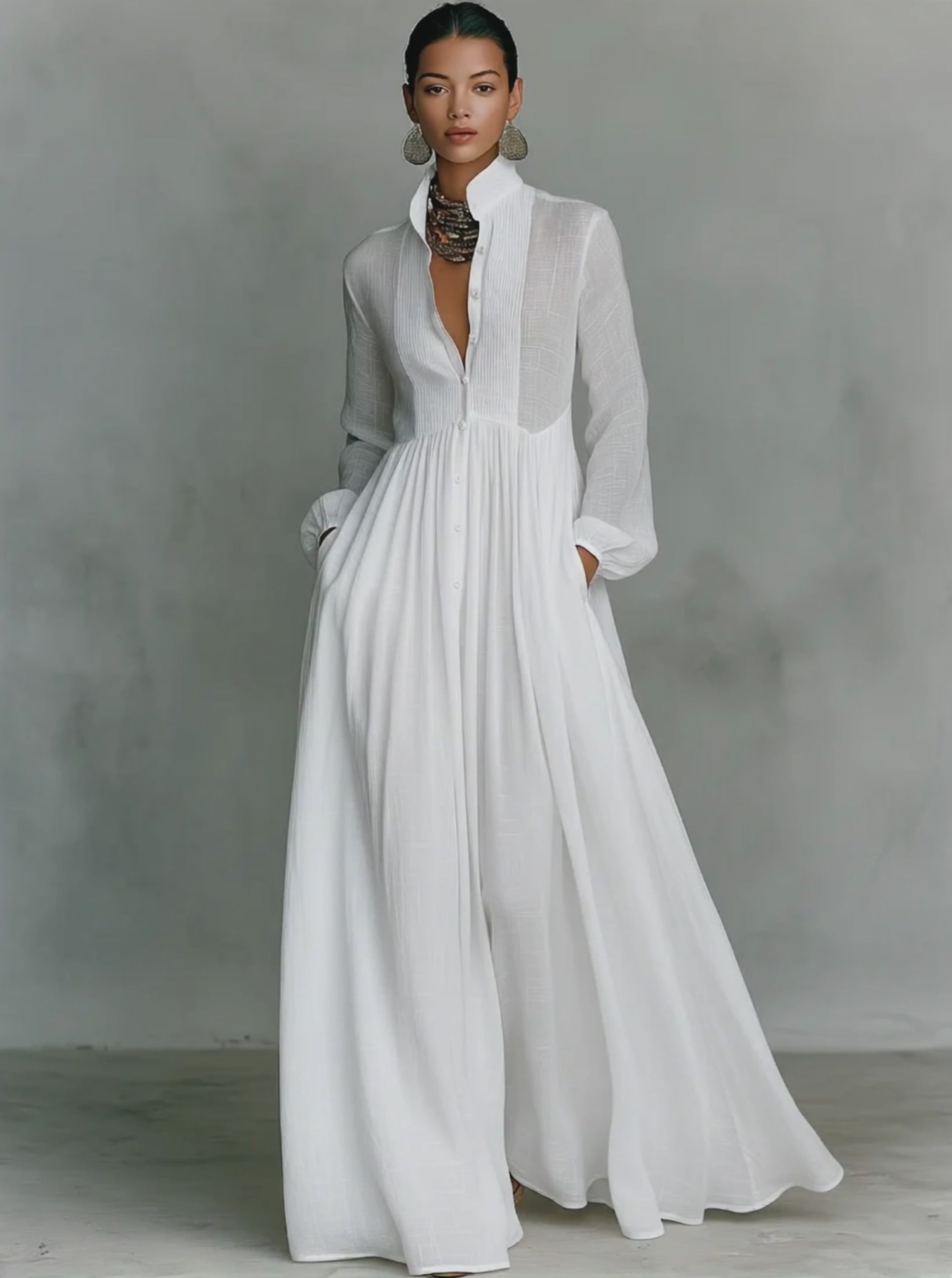 Women's Minimalist Cotton Linen Casual Formal Long Dress Stand-Up Collar Single-Breasted Elegant – White - Lolly 