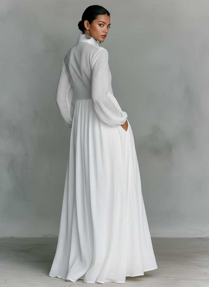 Women's Minimalist Cotton Linen Casual Formal Long Dress Stand-Up Collar Single-Breasted Elegant – White - Lolly 