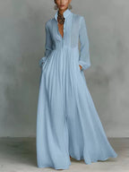 Women's Minimalist Cotton Linen Casual Formal Long Dress Stand-Up Collar Single-Breasted Elegant – White - Lolly 