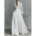 Women's Minimalist Cotton Linen Casual Formal Long Dress Stand-Up Collar Single-Breasted Elegant – White - Lolly 