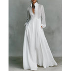 Women's Minimalist Cotton Linen Casual Formal Long Dress Stand-Up Collar Single-Breasted Elegant – White - Lolly 