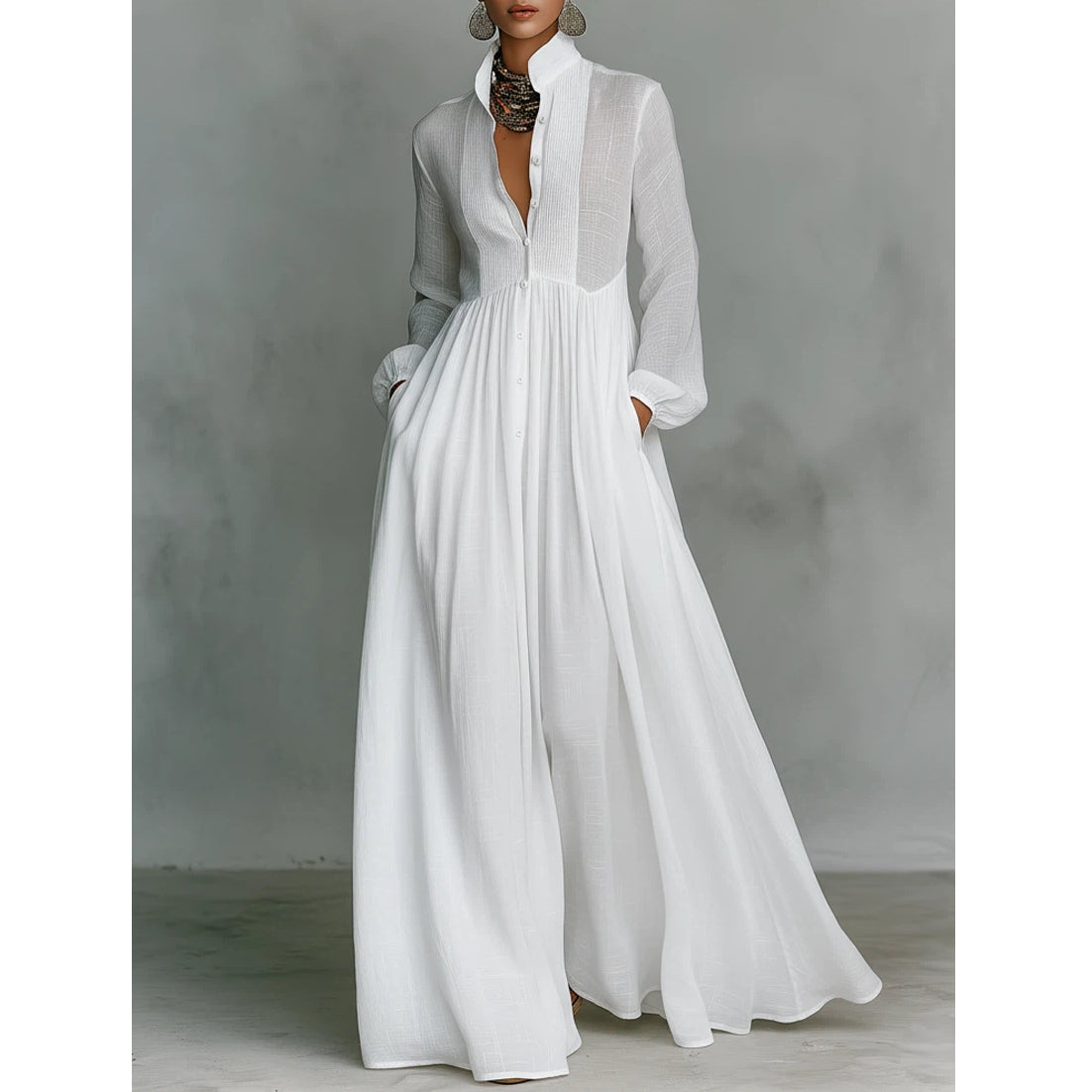 Women's Minimalist Cotton Linen Casual Formal Long Dress Stand-Up Collar Single-Breasted Elegant – White - Lolly 