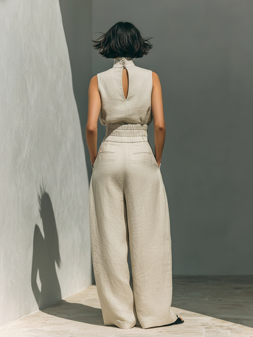 Women's Minimalist Cotton Linen Two-Piece Set Sleeveless Blouse Wide-Leg Pants Casual Chic – Beige - Lolly 