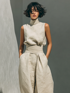 Women's Minimalist Cotton Linen Two-Piece Set Sleeveless Blouse Wide-Leg Pants Casual Chic – Beige - Lolly 