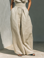 Women's Minimalist Cotton Linen Two-Piece Set Sleeveless Blouse Wide-Leg Pants Casual Chic – Beige - Lolly 