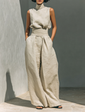Women's Minimalist Cotton Linen Two-Piece Set Sleeveless Blouse Wide-Leg Pants Casual Chic – Beige - Lolly 