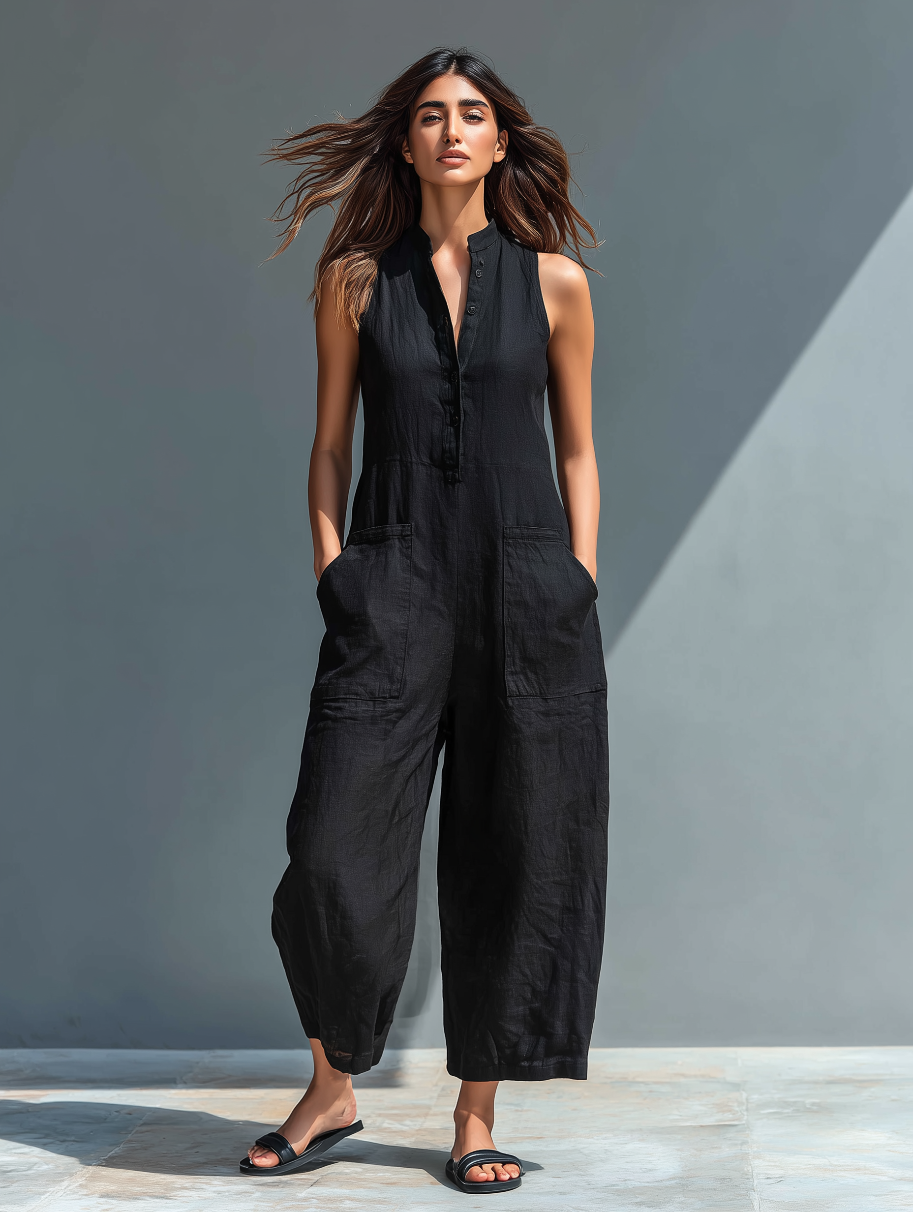 Women's Minimalist Linen Blend Button-up Stand-collar Sleeveless Loose Jumpsuit - Lolly 