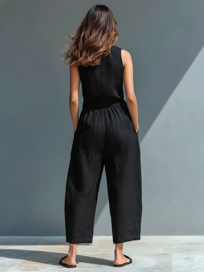 Women's Minimalist Linen Blend Button-up Stand-collar Sleeveless Loose Jumpsuit - Lolly 
