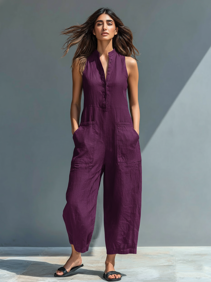 Women's Minimalist Linen Blend Button-up Stand-collar Sleeveless Loose Jumpsuit - Lolly 