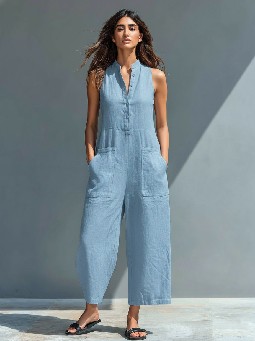 Women's Minimalist Linen Blend Button-up Stand-collar Sleeveless Loose Jumpsuit - Lolly 