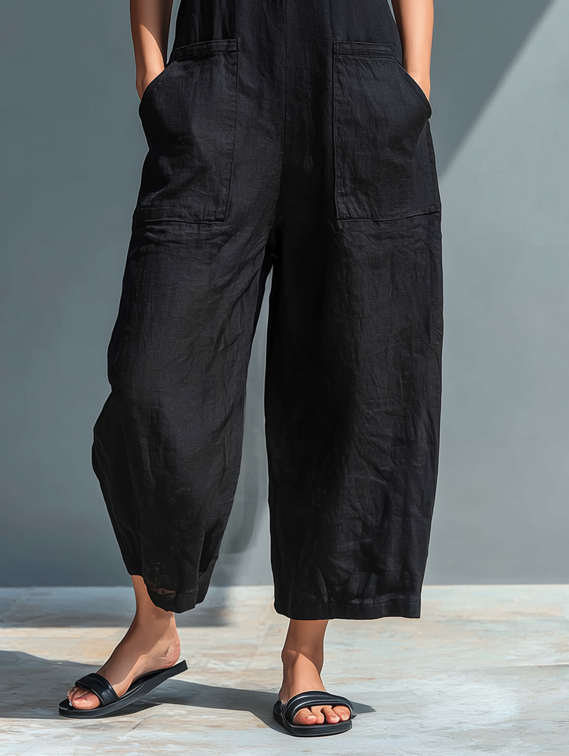 Women's Minimalist Linen Blend Button-up Stand-collar Sleeveless Loose Jumpsuit - Lolly 