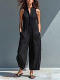 Women's Minimalist Linen Blend Button-up Stand-collar Sleeveless Loose Jumpsuit - Lolly 