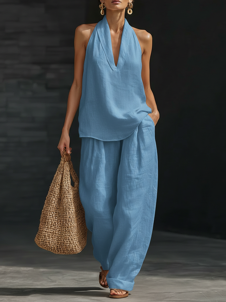 Women's Minimalist Linen Two-Piece Set Sleeveless V-Neck Top & Wide Leg Pants Casual Summer Beach Vacation Everyday Resort – Margaux - Lolly 