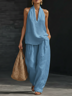 Women's Minimalist Linen Two-Piece Set Sleeveless V-Neck Top & Wide Leg Pants Casual Summer Beach Vacation Everyday Resort – Margaux - Lolly 