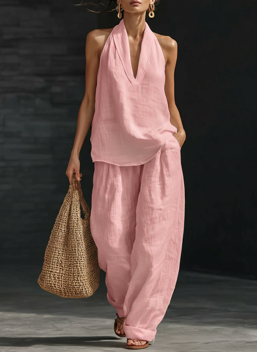 Women's Minimalist Linen Two-Piece Set Sleeveless V-Neck Top & Wide Leg Pants Casual Summer Beach Vacation Everyday Resort – Margaux - Lolly 