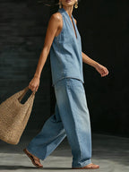 Women's Minimalist Two-Piece Denim Set Halter Top Wide Leg Pants Casual Everyday Streetwear Summer Vacation – Zaria - Lolly 