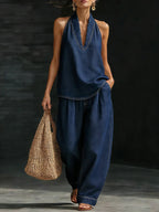 Women's Minimalist Two-Piece Denim Set Halter Top Wide Leg Pants Casual Everyday Streetwear Summer Vacation – Zaria - Lolly 