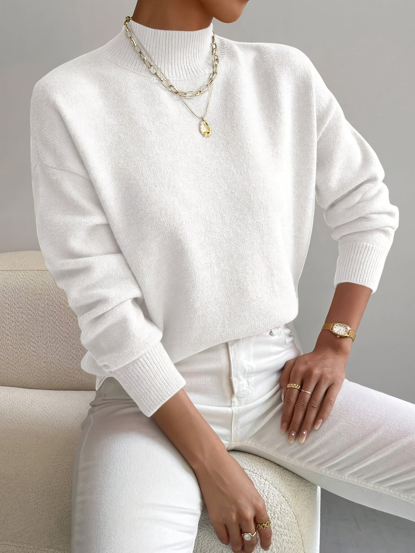 Women's Mock Turtleneck Sweater Relaxed Fit Long Sleeve Pullover Casual Winter Knit - Lolly 