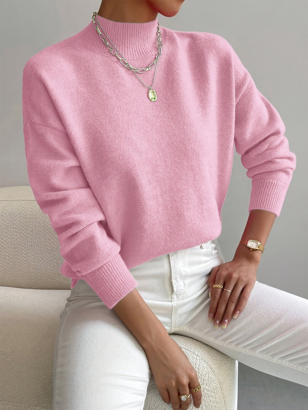 Women's Mock Turtleneck Sweater Relaxed Fit Long Sleeve Pullover Casual Winter Knit - Lolly 